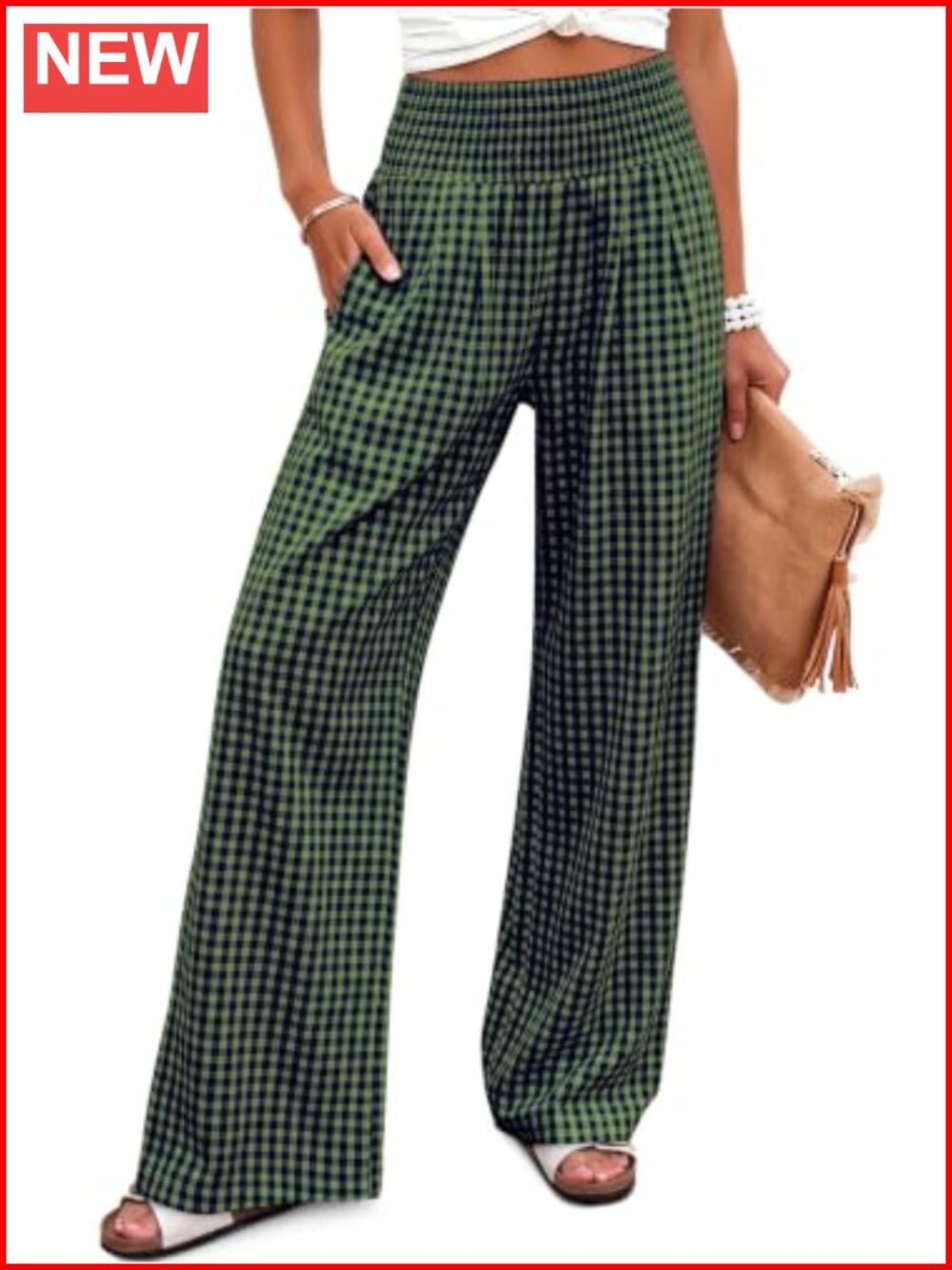 Women's Lightweight Wide Leg Palazzo Pants Smocked Waist Gingham Stripe